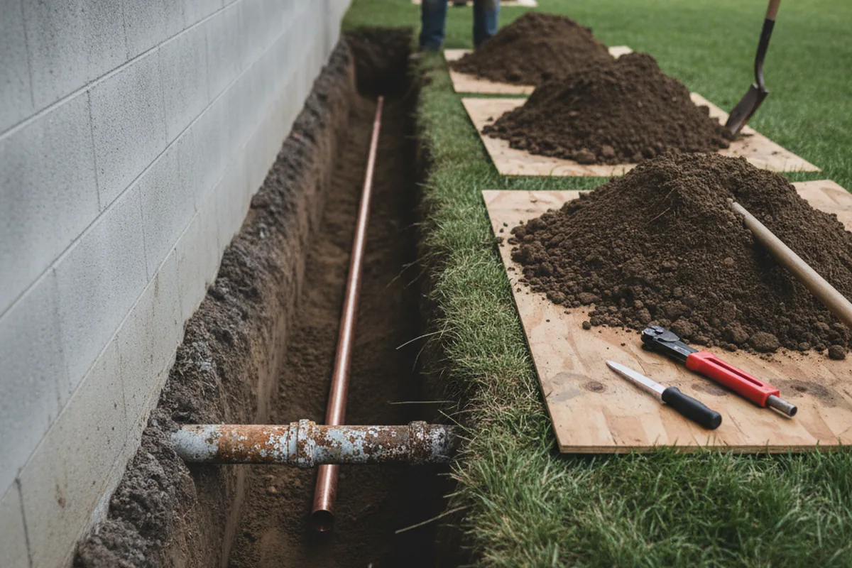 Excavated water line trench during Water Softener Installation in Diagonal